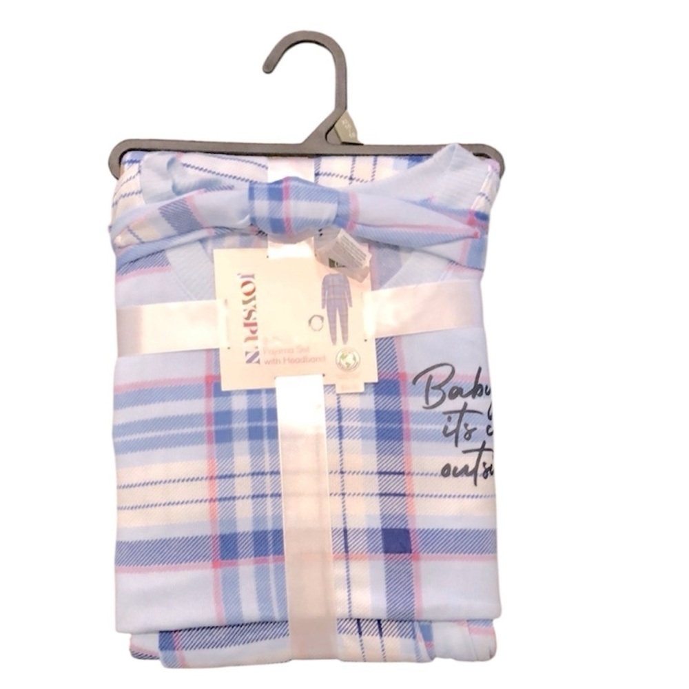 Plaid Blue & White Women's Pajama Set with Hood